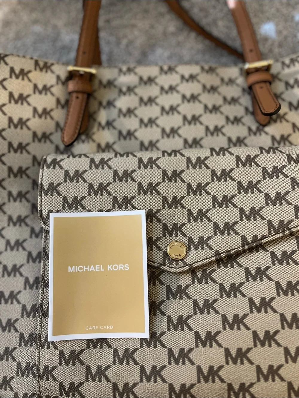 Michael Kors Beige MK Logo Tote with Tan Straps